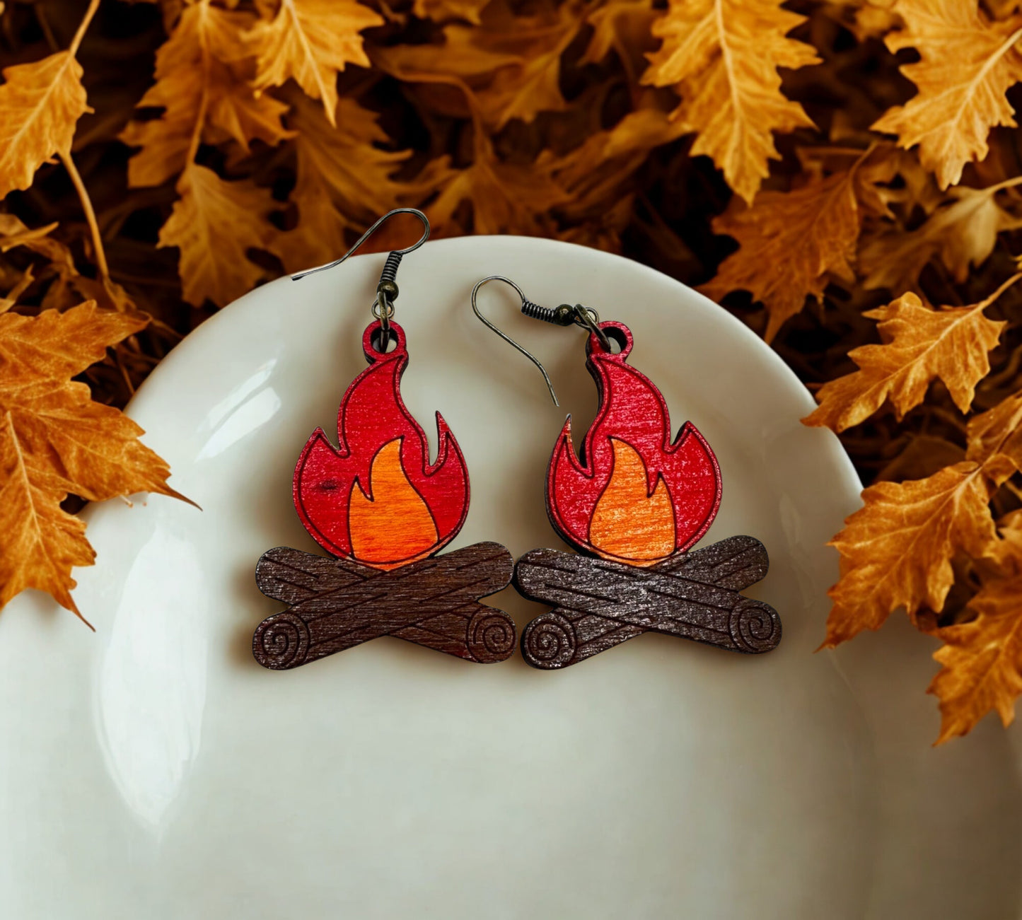 Bonfire hand painted wooden earrings