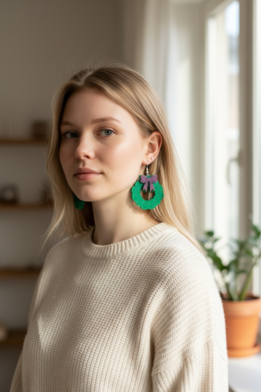 Christmas Wreath With Bow Dangling Earrings