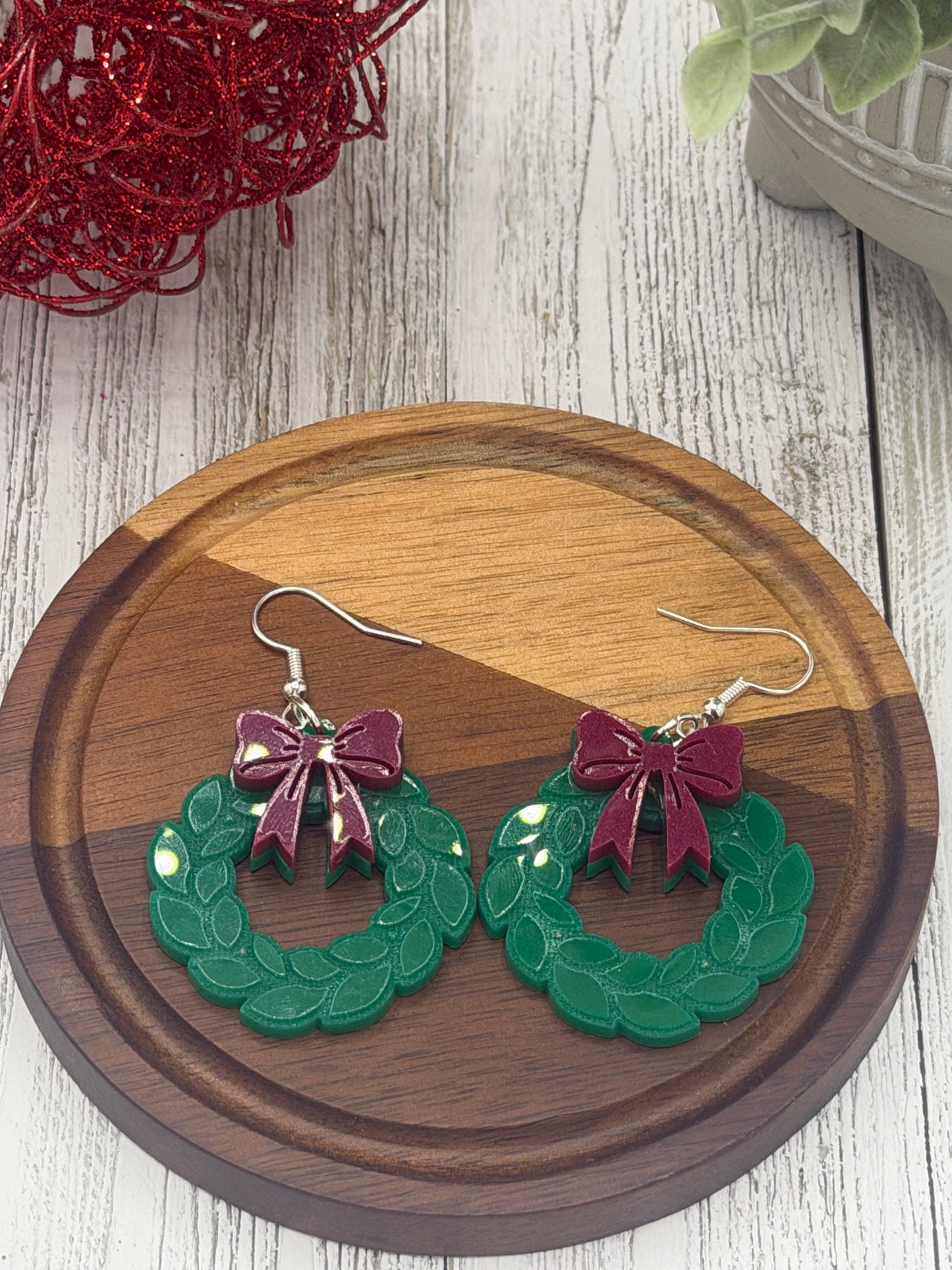 Christmas Wreath With Bow Dangling Earrings