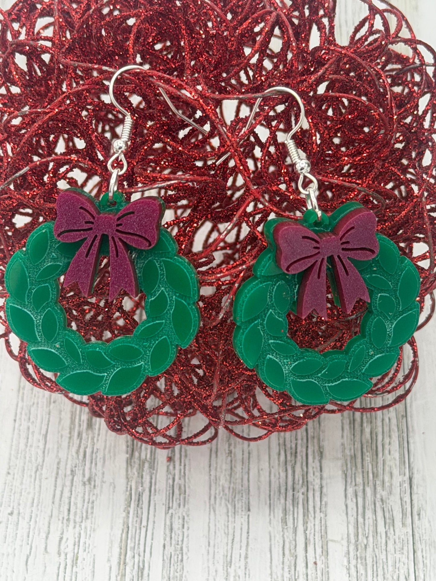 Christmas Wreath With Bow Dangling Earrings