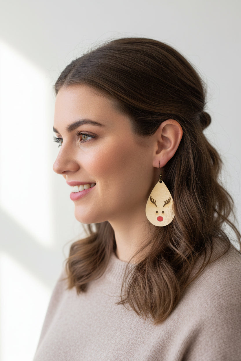 Reindeer Dangling Wooden Earrings