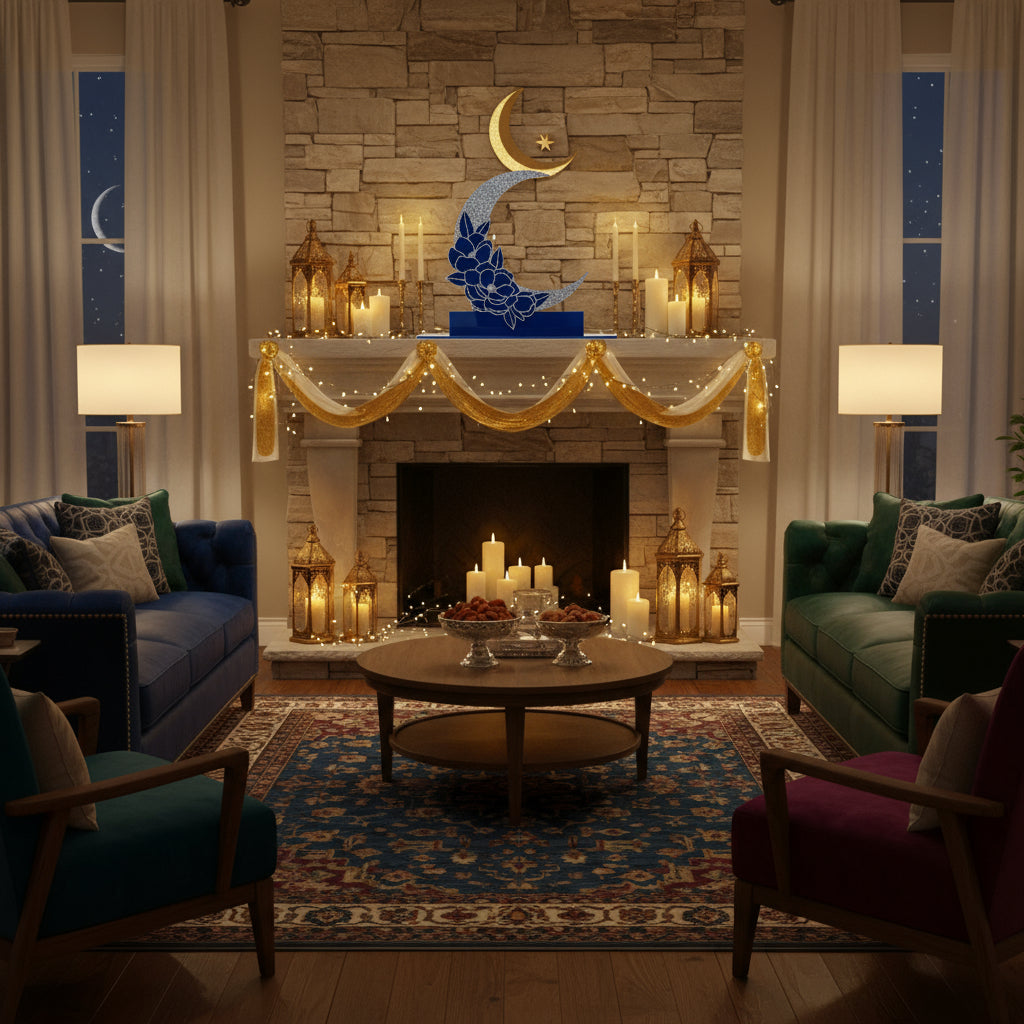 Decorative item with a crescent moon and floral design on a blue stand against a white background